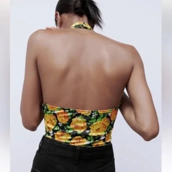 NWT Zara Twist Halter Neck Yellow Floral Bodysuit - Picture 2 of 5